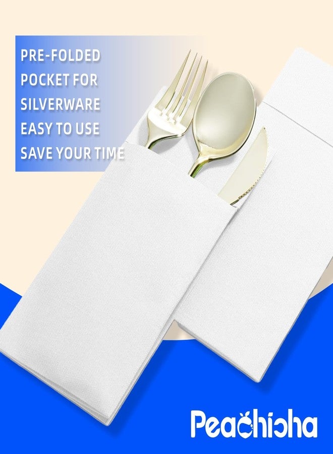 Peachicha Disposable Dinner Napkins With Built-in Flatware Pocket, Pre folded Party Napkins For Silverware, Linen Feel Napkins Luxury And Elegant For Wedding Party Events, White, Total 50 Count - Image 3